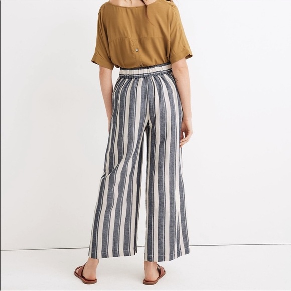 Madewell Linen Blend Side-Button Huston Pull-On Crop Pants in Indigo Stripe XS - Picture 3 of 15